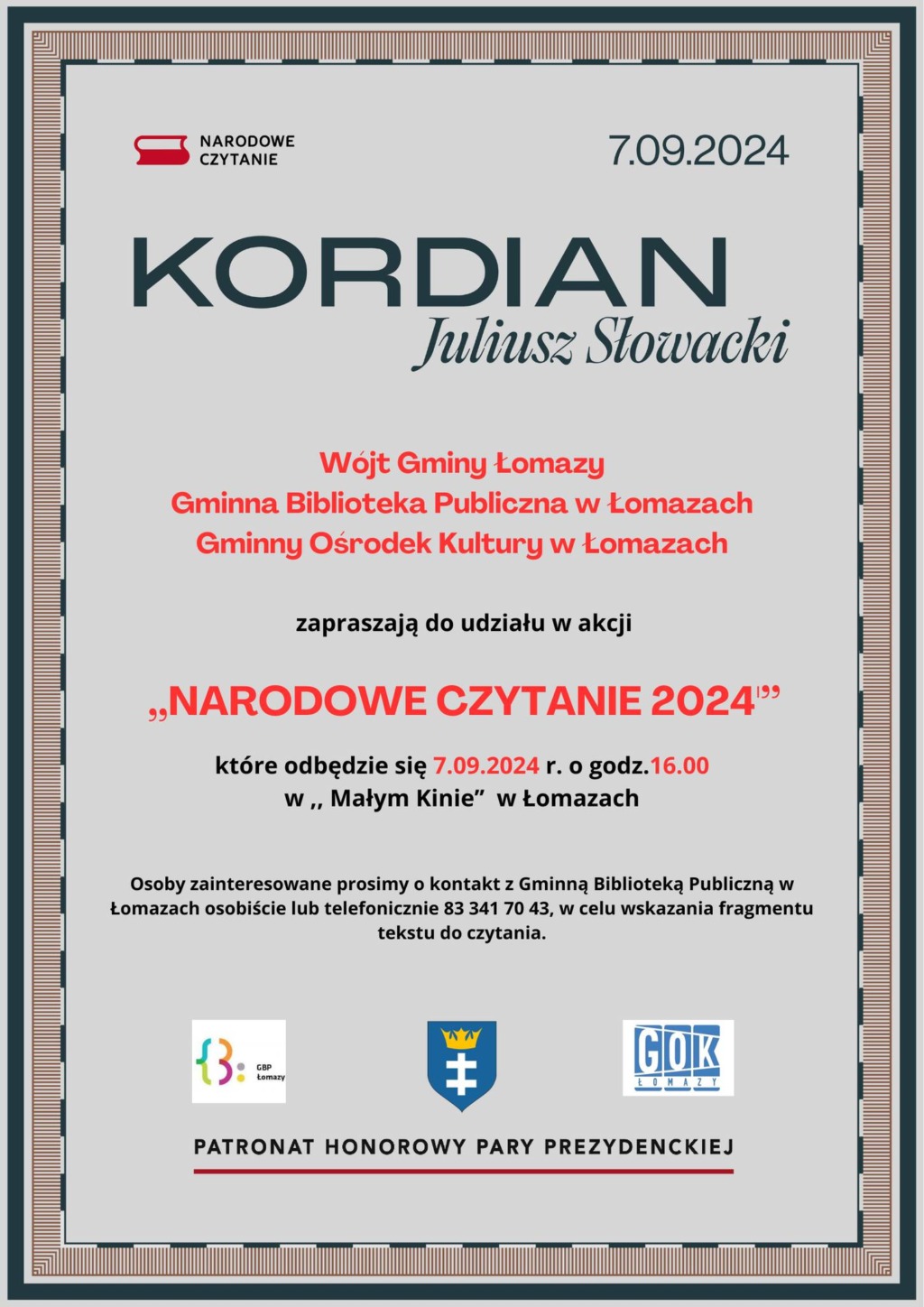Narodowe Czytanie 2024 w Łomazach: “Kordian” Juliusza Słowackiego