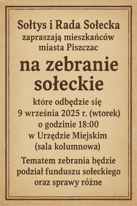 Zebranie sołeckie w Piszczacu – mieszkańcy zdecydują o podziale funduszu