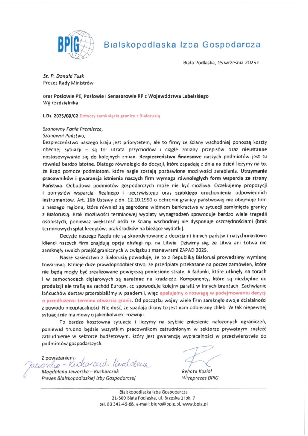 Bialska Izba Gospodarcza apeluje do rządu w sprawie zamknięcia granicy z Białorusią