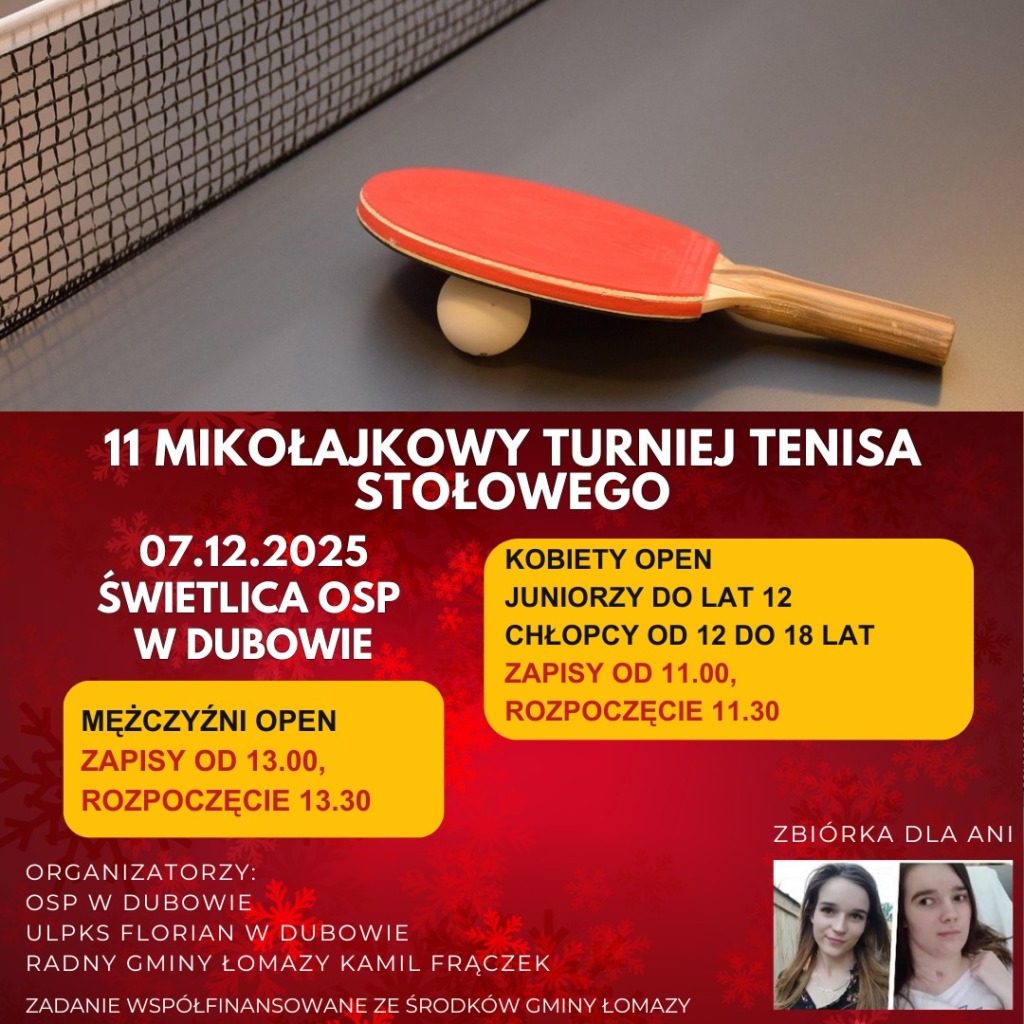 XI Mikołajkowy Turniej Tenisa Stołowego w Dubowie – sportowa rywalizacja i pomoc dla Ani