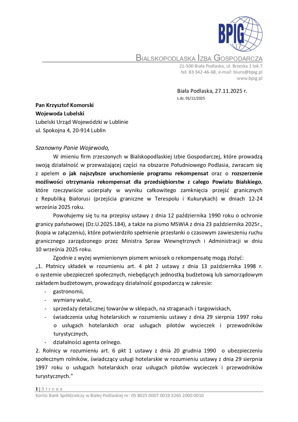 Bialska Izba Gospodarcza apeluje do Wojewody o rozszerzenie i pilne uruchomienie rekompensat po wrześniowym zamknięciu granicy