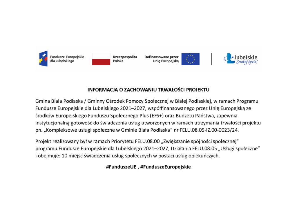 Gmina Biała Podlaska zapewnia trwałość projektu usług społecznych