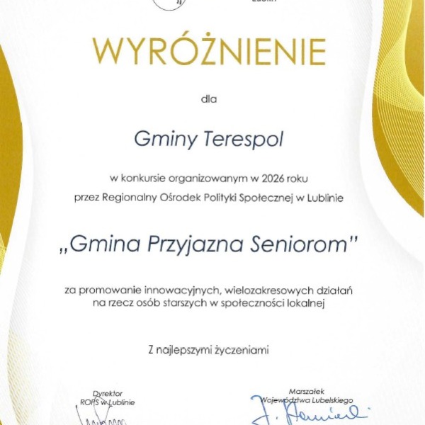Dyplom wyróżnienia dla Gminy Terespol w konkursie Gmina Przyjazna Seniorom 2026.