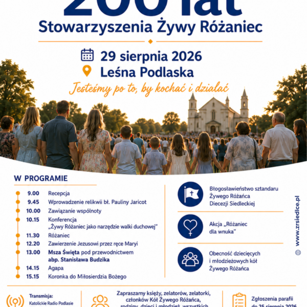 Plakat pielgrzymki Żywego Różańca w Leśnej Podlaskiej 29 sierpnia 2026 roku