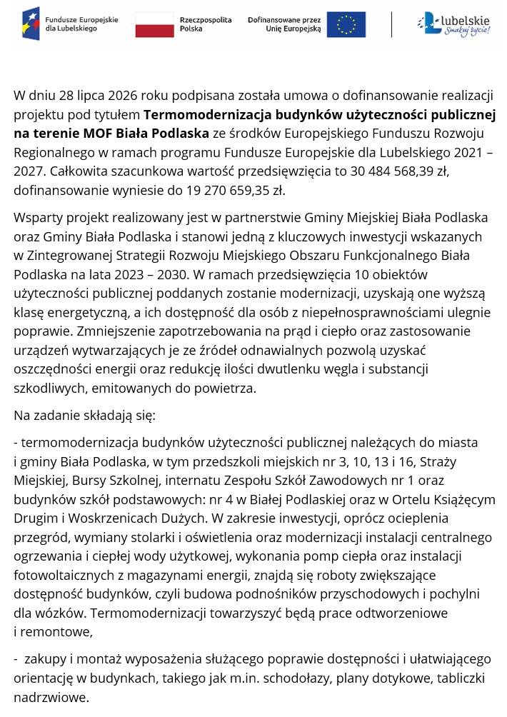 30,5 mln zł na termomodernizację 10 budynków w Białej Podlaskiej i gminie