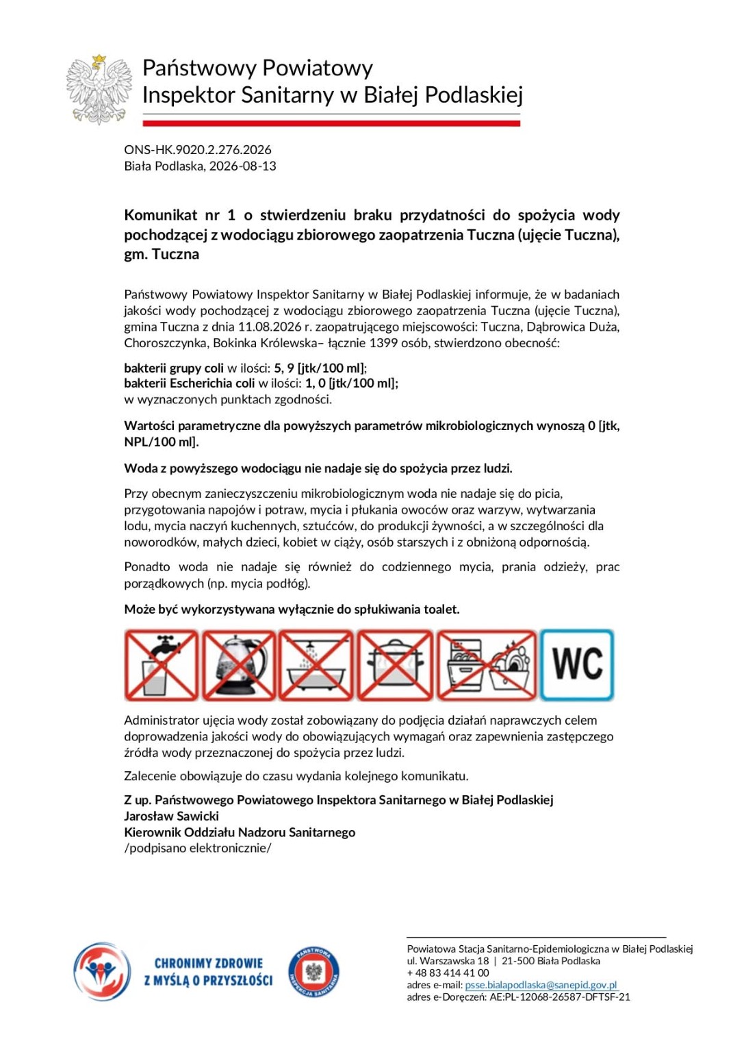 Komunikat Państwowego Powiatowego Inspektora Sanitarnego w Białej Podlaskiej o braku przydatności do spożycia wody z wodociągu Tuczna.