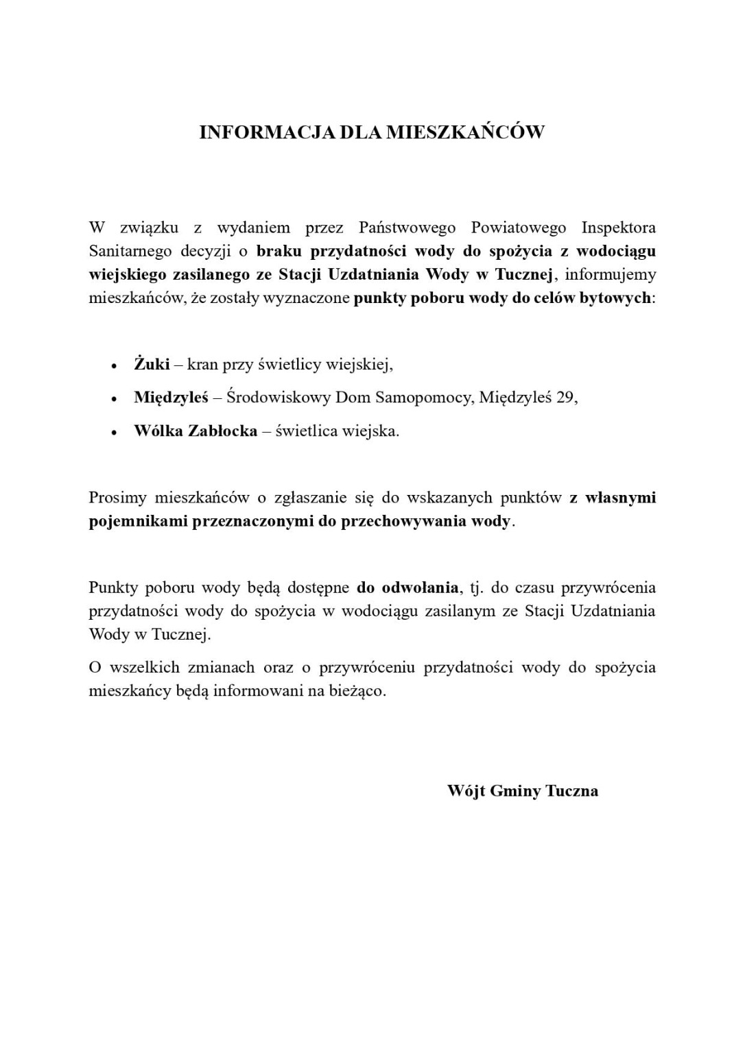 Komunikat Gminy Tuczna z lokalizacjami punktów poboru wody do celów bytowych w Żukach, Międzylesiu i Wólce Zabłockiej.