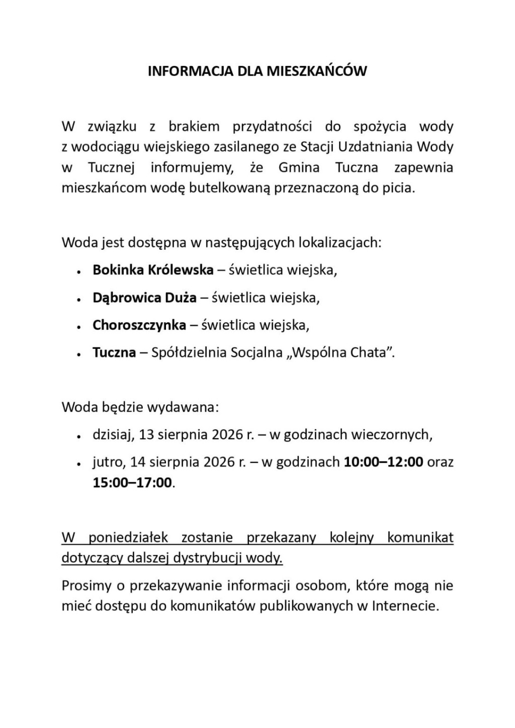 Tuczna: woda z wodociągu niezdatna do spożycia. Gmina wydaje wodę mieszkańcom