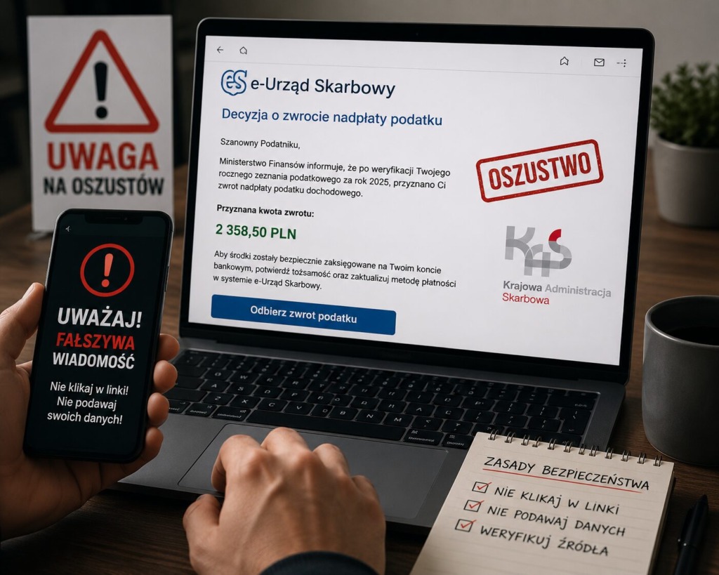 Uwaga na fałszywe wiadomości o zwrocie podatku. Oszuści podszywają się pod KAS