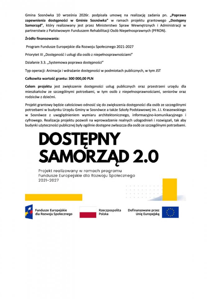 Gmina Sosnówka dostała 300 tys. zł na poprawę dostępności urzędu i szkoły