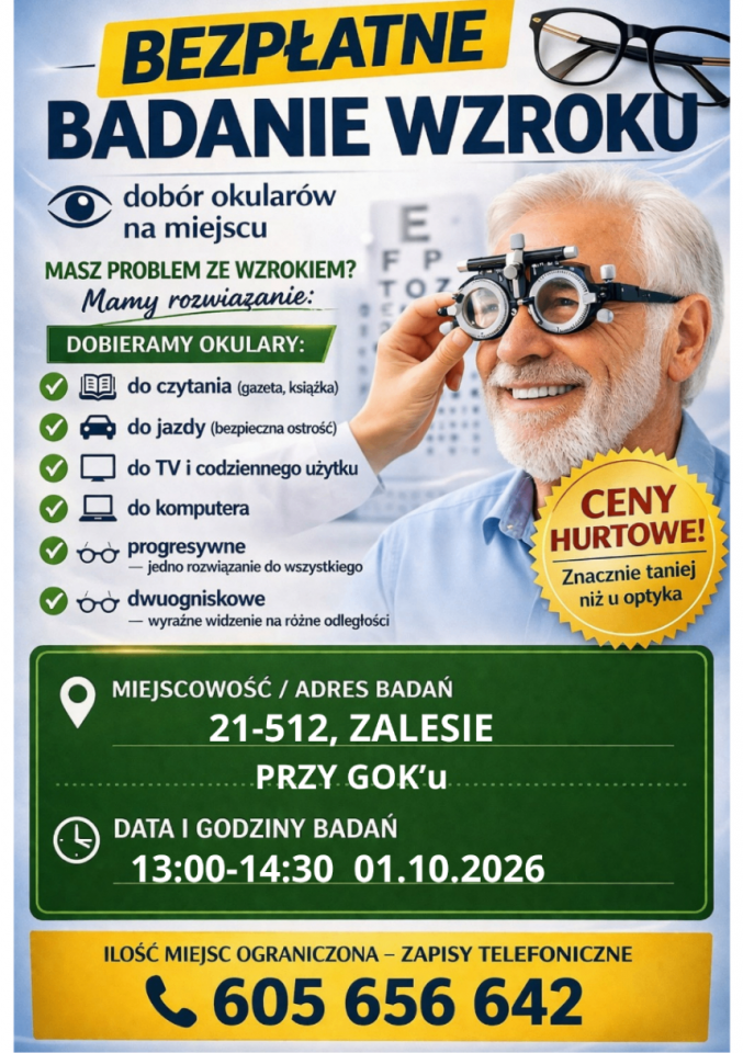 Bezpłatne badanie wzroku w Zalesiu. Obowiązują zapisy