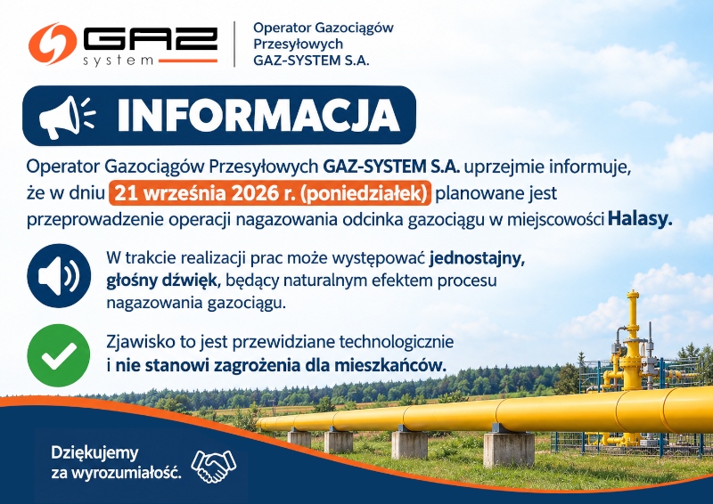 W Halasach będą prace na gazociągu. Gmina ostrzega przed głośnym dźwiękiem