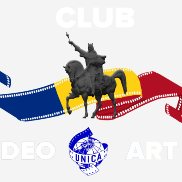 Grafika festiwalu Video Art z barwami Rumunii, motywem taśmy filmowej i logo UNICA.