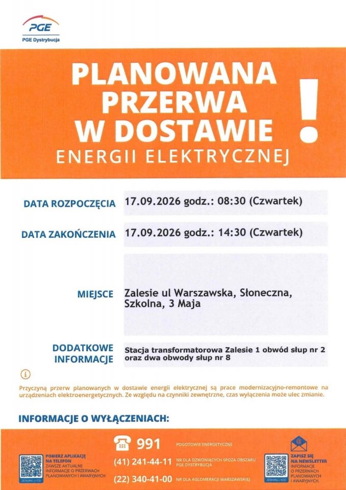 Zalesie: sześć godzin bez prądu. Wyłączenie obejmie cztery ulice