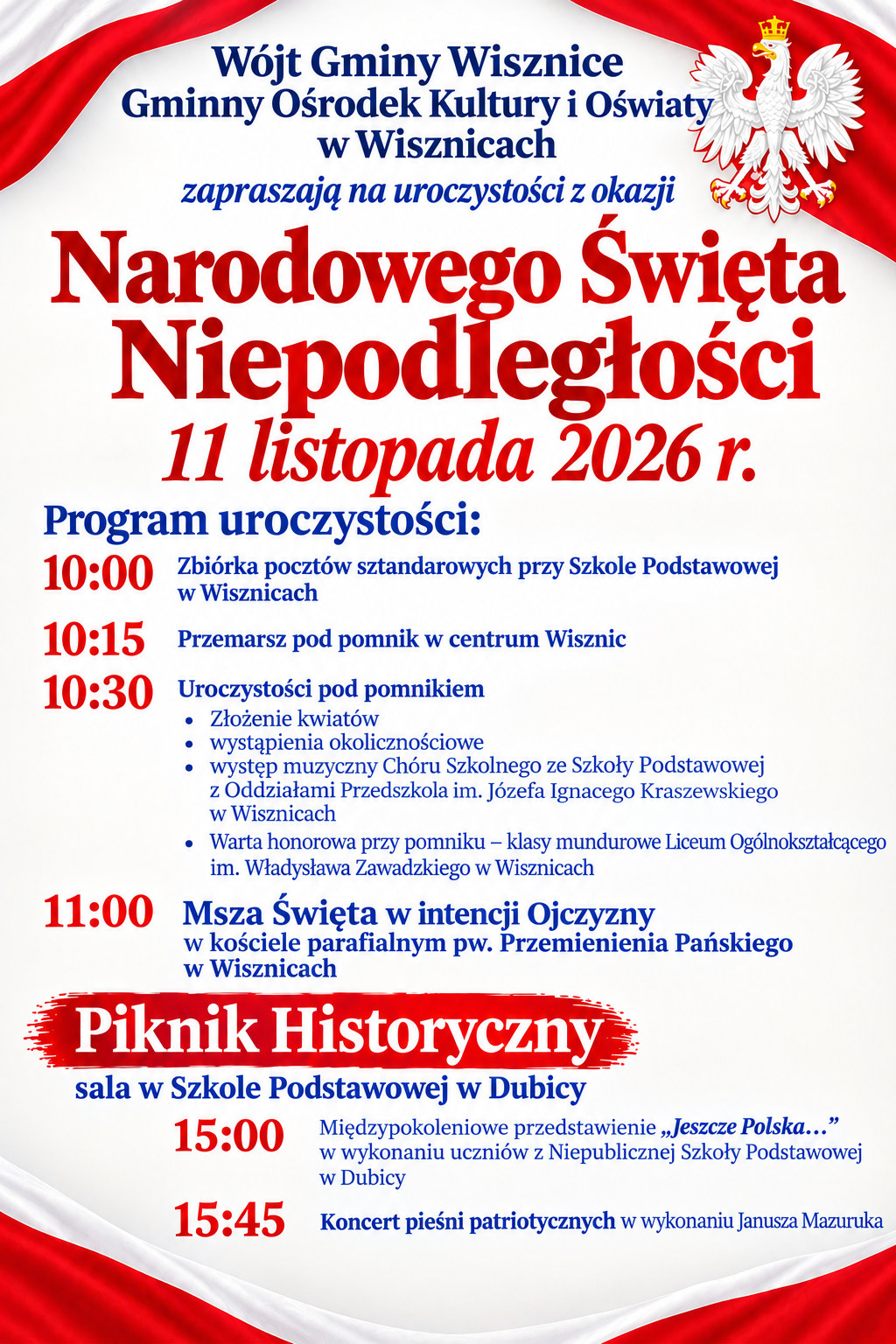 Wisznice uczczą Święto Niepodległości. Uroczystości w centrum i piknik w Dubicy