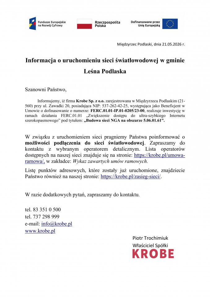 Sieć KROBE uruchomiona w gminie Leśna Podlaska. 489 adresów w planie inwestycji