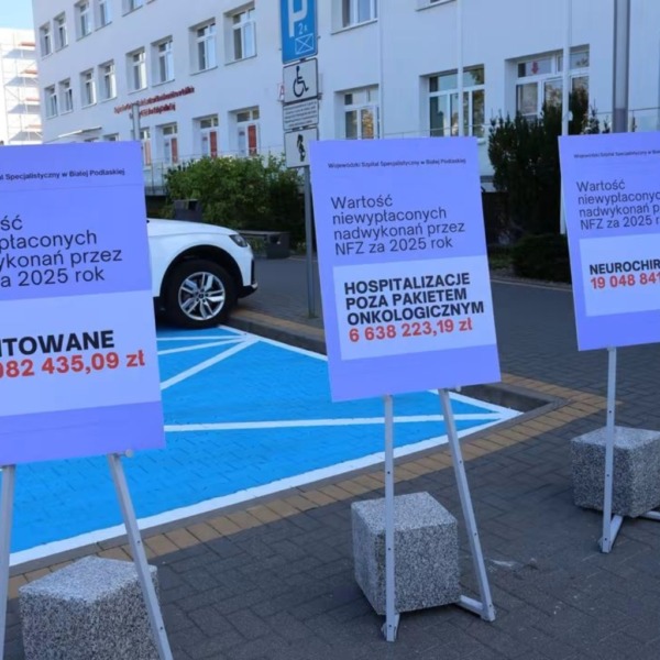 Plansze przy bialskim szpitalu z kwotami niewypłaconych nadwykonań za 2025 rok